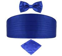 DonDon Set de tres piezas Caballero Faja de esmoquin Pajarita Pañuelo de bolsillo Color a juego Espléndido para ceremonias y ocasiones especiales - Azul