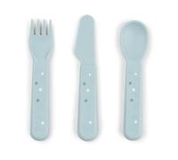 Foodie - Juego de cubiertos Happy Dots Azul, tenedores y cucharas para niños pequeños con bordes redondeados suaves, utensilios seguros para autoalimentación