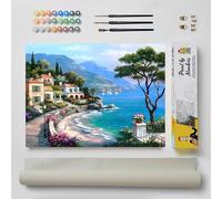 DonElton Pintar por Números para adultos Paisajes - 40x50 cm Kits de pintura con Pinceles, colores acrílicos y lienzo de lino, Sin marco - Regalo creativo (Pueblo con Mar)
