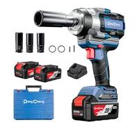 Dong Cheng Llave de impacto a batería sin escobillas 1/2", 1700 Nm, 3 vel (0-1900rpm), 2 bat 5Ah + cargador rápido + 3 dados + maletín. Para coches, camiones y maquinaria pesada