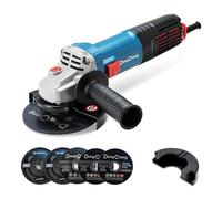 DongCheng - Amoladora angular (1100 W, 125 mm, velocidad de ralentí: 11.800 min-1, cubierta de cierre rápido, mango adicional, con 2 discos abrasivos, 2 discos de separación)