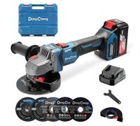 DongCheng Amoladora angular a batería 18V, Ø 125 mm, 1000W, Motor Sin Escobillas, 3 Velocidades, Bloqueo de Spindle Rápido, Mango Anti-Vibración, Incluye 6 Discos, Batería 4.0Ah & Cargador