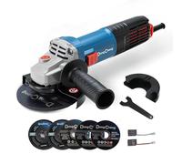 DongCheng amoladora angular de 1100W, 125 mm, velocidad en vacío 11.800 min-¹, cubierta de liberación rápida, mango auxiliar, con 2 discos de lijar, 2 de aletas y 2 de corte