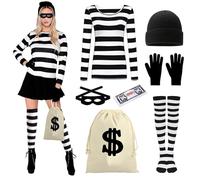 Dongcill Disfraz de ladrón para mujer, ladrón de banco, disfraz de ladrones, bandido, criminal, ladrón de convicto, para Halloween, carnaval, cosplay, 7 unidades