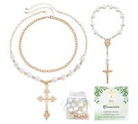 Dongcill Rosario Católico,Rosarios Religiosos Collar con Mini Rosarios de Dedo,Comunión Tarjeta Alemán,Bolsa,Collares Rosario Comunión Collar para Bautizo Comunión Boda Fiesta (oro)