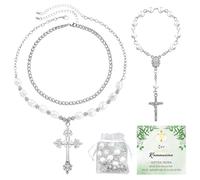 Dongcill Rosario Católico,Rosarios Religiosos Collar con Mini Rosarios de Dedo,Comunión Tarjeta Alemán,Bolsa,Collares Rosario Comunión Collar para Bautizo Comunión Boda Fiesta (plata)
