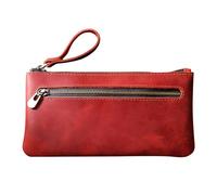 DONGKER Estuche de cuero para lápices, estuche de almacenamiento con doble cremallera y asa para hombres, mujeres, hombres de negocios, artistas, oficina en casa (4.3 x 8.1 pulgadas), rojo vino