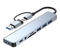Dongle de base USB C + USB 3.0, 3 puertos USB 2.0, 1 USB 3.0, 1 lector de tarjetas tipo C, adaptador de 8 puertos para portátiles, teclados, concentrador USB C de aluminio