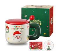 DONGSHANGIFT Navidad Taza de Cerámica con Tapa y Cuchara 12 oz/360ml Lindo Taza de Café de Navidad para Mujeres Hombres Niños con Caja de Regalo