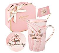 DONGSHANGIFT Taza de café con diseño de gato para mamá, regalos novedosos para madres amantes, cumpleaños, día de la madre, de parte de hija e hijo, 14 onzas con caja de regalo (rosa gato mamá)