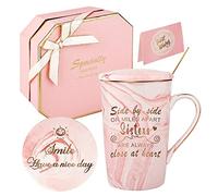 DONGSHANGIFT Taza de regalo para hermanas, taza de café (The Sisters, side by side or miles away, are always close in the heart), juego de 420 ml, color rosa