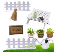 DONGZQAN 9 Piezas Herramientas de Jardinería en Miniatura, 3 Mini Plantas, 1 banca, 1 Escoba, 1 Alfombra, 1 regadera, 2 cercas. Adecuado para Decorar Mini jardín