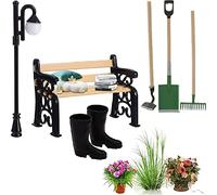 DONGZQAN Herramientas de Jardinería en Miniatura, 3 Herramientas de Jardinería, 1 Farola de Parque, 1 Banco de Parque y un Par de Mini Botas de Lluvia, Adecuado para Decorar Mini Jardín.