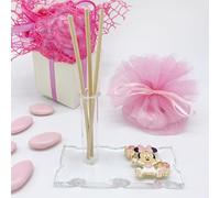 Doni Bomboniere 10 bomboneras perfumador con frasco de cristal con colgante Disney de Baby Minnie Mouse con pelele rosa y lazo. Bombilla para nacimiento, bautizo, primer cumpleaños de niña (sin