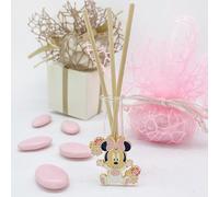 Doni Bomboniere 10 bomboneras perfumador con vial de cristal con colgante Disney de Baby Minnie Mouse con pelele rosa y lazo. Bombilla para nacimiento, bautizo, primer cumpleaños de niña.