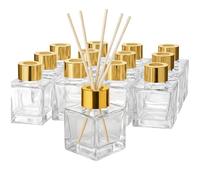 Doni Bomboniere - 10 botellas vacías de cristal de 50 ml con varillas de madera para ambientador - Difusores de aceites esenciales para la casa, el baño, el salón, decoración decorativa (dorado)