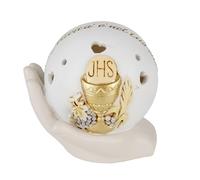 Doni Bomboniere Comunión 1 unidad Icono de bola con luz LED perforada corazones imagen símbolos sagrados e inscripción "La felicidad está en tu corazón" sobre la mano ideas regalo completas originales