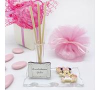 Doni Bomboniere - Juego de 10 bomboneras perfumadas con botella de cristal con encanto Disney de Baby Minnie Mouse con diseño de enano rosa y lazo Bombiere nacimiento, bautismo, primer cumpleaños niña