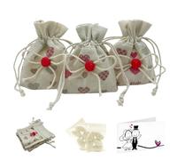 Doni Bomboniere Juego de 12 bolsitas de yute crema con corazones, diseño patchwork, estilo shabby para peladillas, 12 bolsitas de peladillas blancas, 12 tarjetas para personalizar