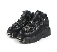 DONLIS Botas de tacón Alto para Mujer, Zapatos de Cuero Estilo Rock de Metal Pesado, Botas de Plataforma gótica, Botines con Cordones de tacón Grueso Punk,Negro,38