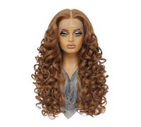 Donne Capelli 24 pulgadas peluca frontal de encaje sintético, 13×6 rizado pre-plucked HD Encaje pelucas sin cola para las mujeres uso diario natural Extensiones de cabello(marrón claro)