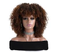 Donne Capelli Pelucas afro rizadas rizadas de 40 cm para mujeres negras, peluca corta de aspecto natural con flequillo, pelo sintético sin encaje en la parte delantera, para una noche diaria Ext