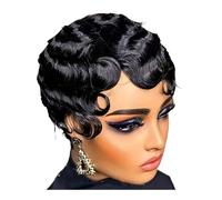 Donne Capelli Pelucas cortas rizadas para mujeres negras, cabello humano, corte corto Pixie, negro natural con flequillo extensiones de cabello(Natural)