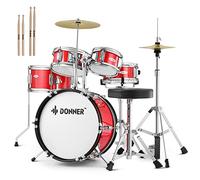 Donner - Batería para niños principiantes (35,6 cm, con trono ajustable, platillo, hi-hat, pedal y varita (5 unidades), color rojo