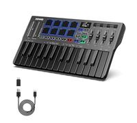 Donner Controlador MIDI USB-C, Teclado MIDI Portátil 25 Teclas con 8 Pads, Pantalla OLED, 16 Escalas, Arpegio, 4 Software DAW, 40 Cursos, DMK 25 Pro Negro