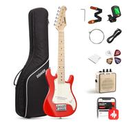 Donner Kit de guitarra eléctrica junior de 30 pulgadas para principiantes, estilo ST, paquete premium con amplificador, sintonizador, capo, bolsa, correa, cuerda, cable (DSJ-100, rojo)