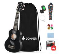 Donner Ukelele soprano para principiantes, kit de iniciación de ukelele de 21 pulgadas con lecciones en línea gratuitas, bolsa, correa, afinador, púas, tela, ukalalee Yukalalee (negro)