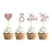Donoter 48 piezas de oro rosa con texto en inglés "He Asked She Said Yes" para decoración de cupcakes, anillo de diamante, corazón, para bodas, compromisos, fiestas