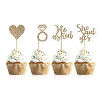 Donoter 48 piezas oro claro He Asked She Said Yes Cupcake Toppers Anillo de diamante para tartas de boda, compromiso, fiesta, decoración de tartas