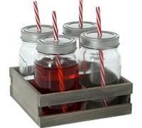 DONREGALOWEB Set de 4 Botes de Cristal para mojitos con Tapa de Metal con Pajita y Soporte de Madera en Color Transparente y Gris