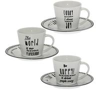 DONREGALOWEB - Set de 6 Tazas de te con Plato de Porcelana be Happy en Color Blanco y Negro