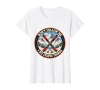 Don't Follow Me I Do Stupid Things Funny Skiing Esquiador Esquí Camiseta gráfica económica, Mujer, Blanco, M