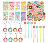 Donut Party Mitgebsel Set, 8 Mini Spirale Notizblock + 8 Schlüsselanhänger + 8 Donut Pens + 50 Aufkleber für Jungen Mädchen Party Gastgeschenk Kinder Geburtstag Partyzubehör Deko