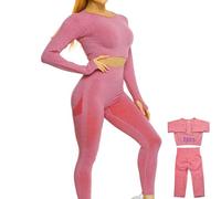DONYKARRY Conjunto Deportiva para Mujer 2 Piezas Top de Manga Larga de Running Pantalones de Cintura Alta Elásticos Leggings de Fitness sin Costuras para Yoga Gimnasio Trotar