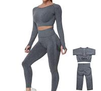DONYKARRY Conjunto Deportiva para Mujer 2 Piezas Top de Manga Larga de Running Pantalones de Cintura Alta Elásticos Leggings de Fitness sin Costuras para Yoga Gimnasio Trotar