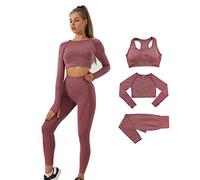 DONYKARRY Conjunto Deportiva para Mujer 3 Piezas Top de Manga Larga de Running Pantalones de Cintura Alta Elásticos Leggings de Fitness sin Costuras para Yoga Gimnasio Trotar (Rojo vino, M)