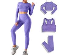 DONYKARRY Conjunto Deportiva para Mujer 3 Piezas Top de Manga Larga de Running Pantalones de Cintura Alta Elásticos Leggings de Fitness sin Costuras para Yoga Gimnasio Trotar (Púrpura, L)