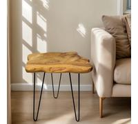 DONZIKLE Mesa auxiliar de borde natural, mesa auxiliar de borde vivo con patas de horquilla, mesita de noche de madera única, mesa auxiliar pequeña para sala de estar, dormitorio, decoración de granja