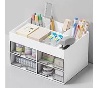 DoocliB Organizador de escritorio de plástico con 7 compartimentos, organizador de oficina multifuncional, soporte para lápices de escritorio con cajón, organizador de mesa de plástico, portalápices