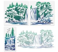 DOODLREAM 3 plantillas de paisaje de cascada de empalme para pintar, plantillas reutilizables para dibujar, plantillas de dibujo de paisaje de montaña y bosque, plantillas de pintura para manualidades