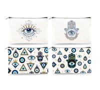 DOODLREAM 4 bolsas de maquillaje de lienzo para ojos malvados, 23 x 15 cm, bolsas de cosméticos de mano Hamsa, organizador de viaje, accesorios portátiles con cremallera, gran capacidad, organizador