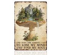 Doodlream Cartel de metal con diseño de setas, 20 x 30 cm, con texto en inglés "And Into The Forest I Go To Lose My Mind And Find My Soul Wall Poster for Home Room Cafes Bar, Outdoor Garden Yard Man