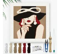 DOODLREAM Modern Lady Wearing Hat DIY Punch Needle Embroidery Kit para adultos principiantes, 24 cm, juego de costura para principiantes con marco, patrón de tela, enhebrador, hilo, aguja de