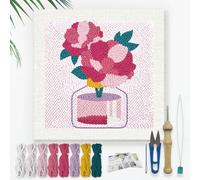 DOODLREAM Peonies in Jarrón Kit de agujas para principiantes, 24 x 24 cm, juego de costura de flores rosas, iniciación de bordado con marco impreso, instrucciones, enhebrador, hilo, aguja de pellizco