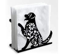 Doodlream Servilletero decorativo de metal negro con diseño de perro y flor de labrador para mesa, 13,5 x 12,5 x 5 cm, servilletero de pie para el hogar, cocina, restaurante, fiesta, cafetería