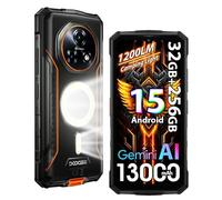 DOOGEE Fire 5 Ultra 4G Móvil Resistente,1200LM Luz de Camping, 32GB+256GB/2TB,13000mAh 18W Android 15 Móvil Irrompible,6.6''HD+90Hz,48MP AI Cámara,IP68/NFC/OTG/3 Slot/Face ID/GPS (Naranja)